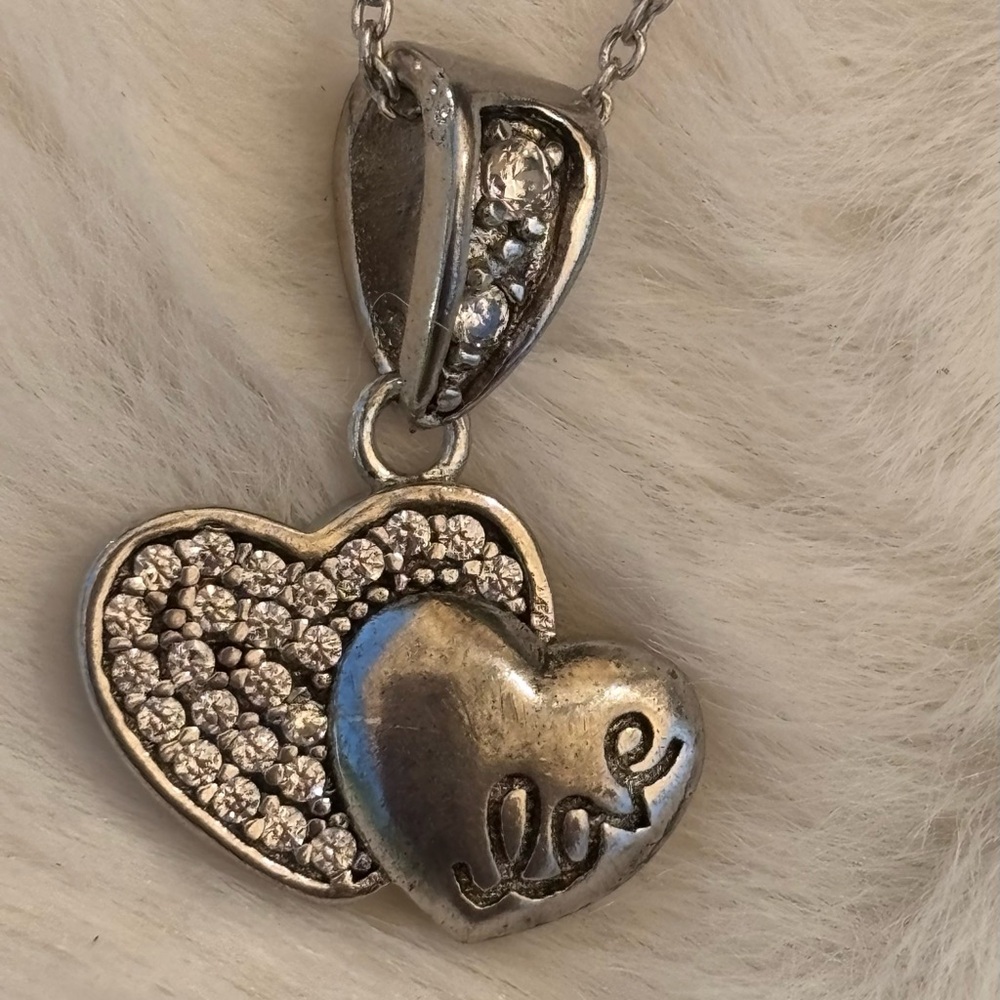 Sterling silver double heart with script love on 18 inch sterling sisilver chain